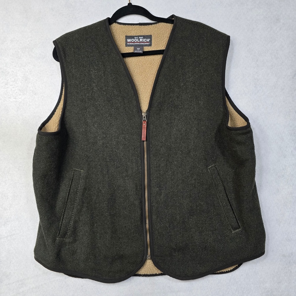 Woolrich Mens L New Loden Green Wool Blend Sherpa Lined Full Zip Vest 412